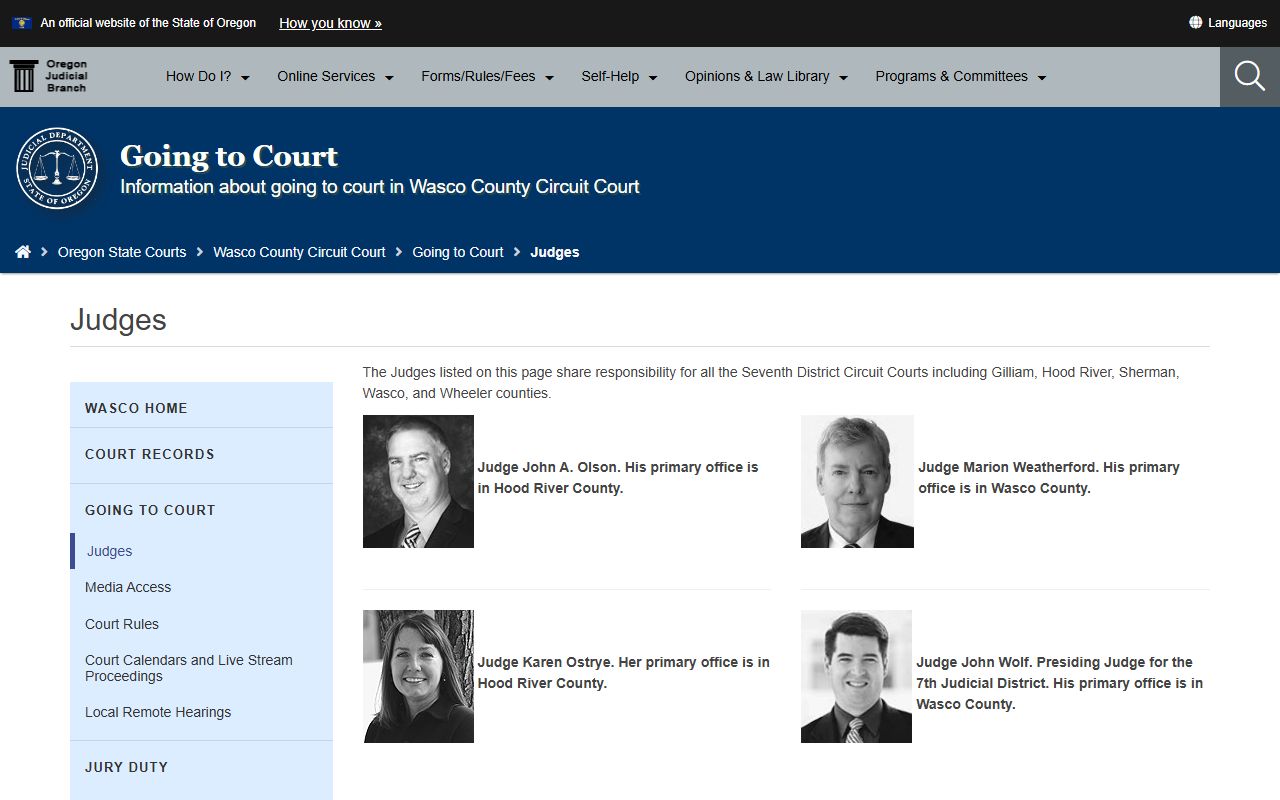 Hood River County court dockets 7th Judicial District judges