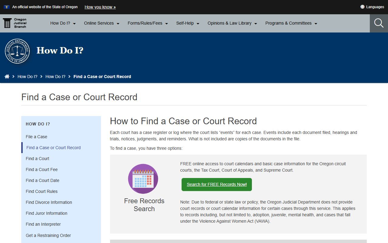 Hood River County court records Find a Case or Court Record search page