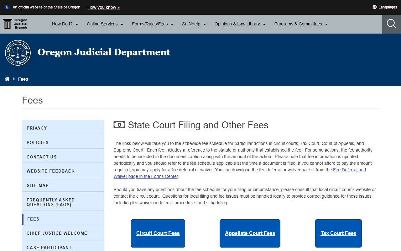 Hood River County court records Oregon court fee schedules