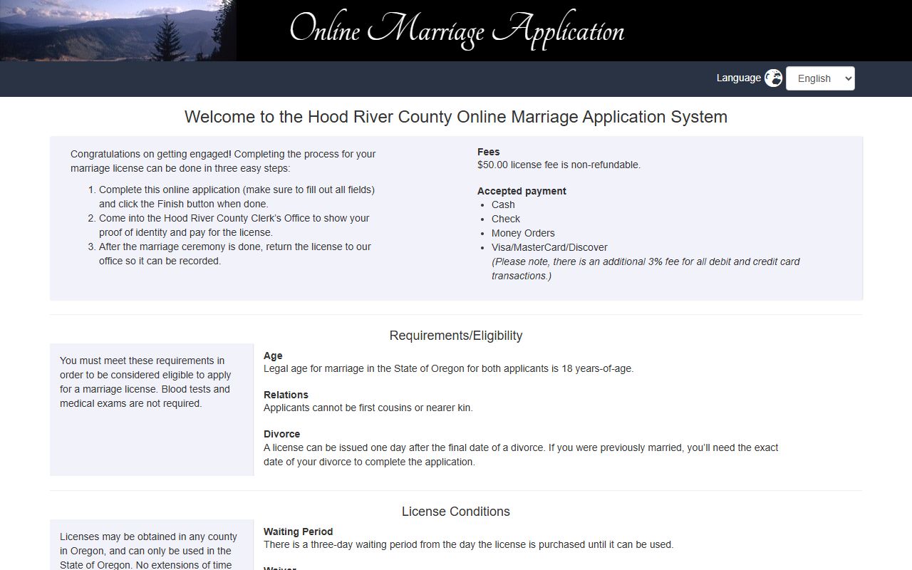 Hood River County marriage records online application